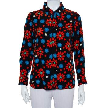 Pre Owned Saint Laurent Paris Black Floral Printed Crepe Shirt L