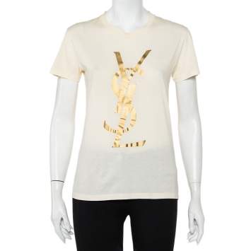 Pre Owned Yves Saint Laurent Cream Logo Printed Cotton Crewneck T-Shirt M