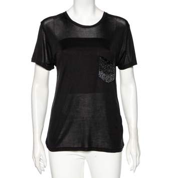 Pre Owned Saint Laurent Black Silk Embellished Pocket Detailed Short Sleeve T-Shirt S