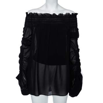 Pre Owned Saint Laurent Black Silk Smocked Oversized Off Shoulder Blouse L