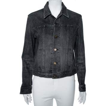 Pre Owned Saint Laurent Faded Grey Heart & Lightening Bolt Patch Applique Denim Jacket M