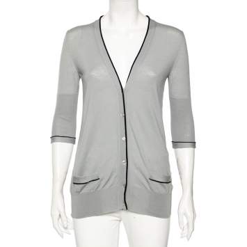 Pre Owned Saint Laurent Grey Wool Knit Contrast Trim Detailed Button Front Cardigan S