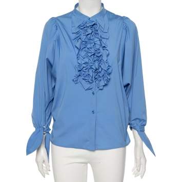 Pre Owned Yves Saint Laurent Blue Cotton Ruffled Neck Detail Button Front Shirt M