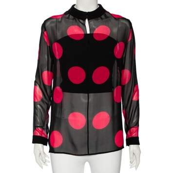 Pre Owned Saint Laurent Black & Pink Polka Dotted Silk Long Sleeve Blouse L