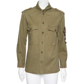 Pre Owned Saint Laurent Olive Green Cotton & Embellished Military Jacket M