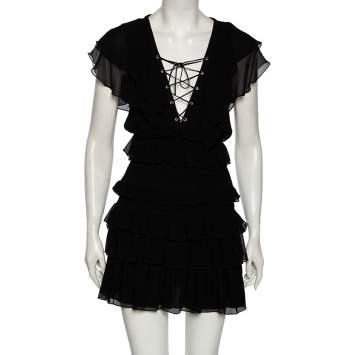 Pre Owned Saint Laurent Black Silk Chiffon Smocked Detail Ruffled Dress M