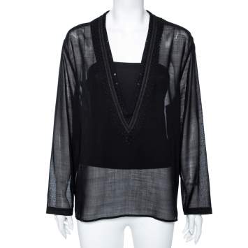 Pre Owned Saint Laurent Black Wool Lace Trimmed V-Neck Blouse S