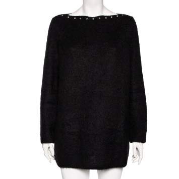 Pre Owned Saint Laurent Black Mohair Stud Embellished Neck Detailed Sweater XL