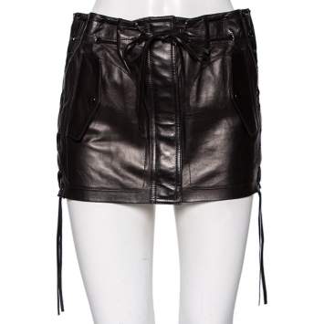 Pre Owned Saint Laurent Black Leather Lace-Up Detail Fringed Mini Skirt S