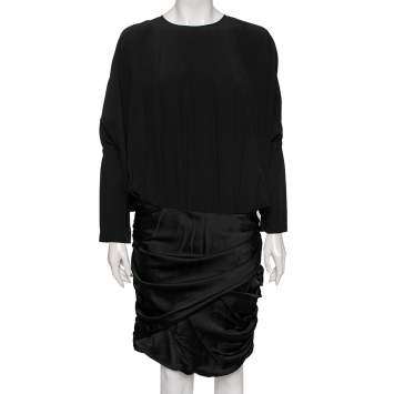 Pre Owned Saint Laurent Black Crape & Satin Ruched Detailed Dress L