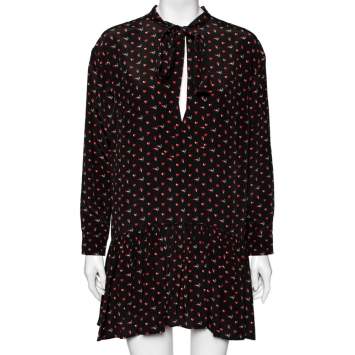 Pre Owned Saint Laurent Black Heart & Fire Printed Silk Neck Tie Detail Mini Dress L
