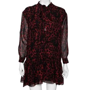 Pre Owned Saint Laurent Burgundy Animal Printed Silk Neck Tie Detail Mini Dress L