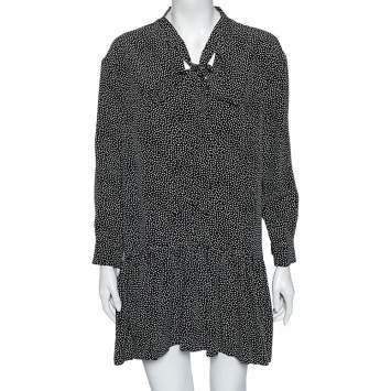 Pre Owned Saint Laurent Monochrome Polka Dotted Silk Neck Tie Detail Dress L