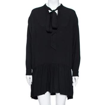 Pre Owned Saint Laurent Black Crepe Neck Tie Detailed Long Sleeve Dress L