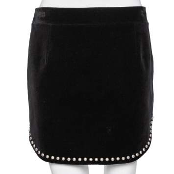 Pre Owned Saint Laurent Black Velvet Stud Embellished Asymmetric Mini Skirt L