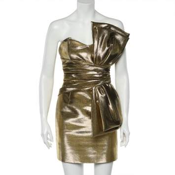 Pre Owned Saint Laurent Gold Lurex Bow Detail Strapless Mini Dress XL