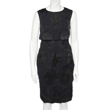 Pre Owned Yves Saint Laurent Black Textured Silk Overlay Detail Sleeveless Midi Dress M