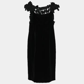 Pre Owned Yves Saint Laurent Black Velvet Bow Applique Midi Dress M