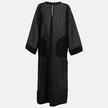 Pre Owned Saint Laurent Black Striped Wool Side Slit Maxi Dress XL