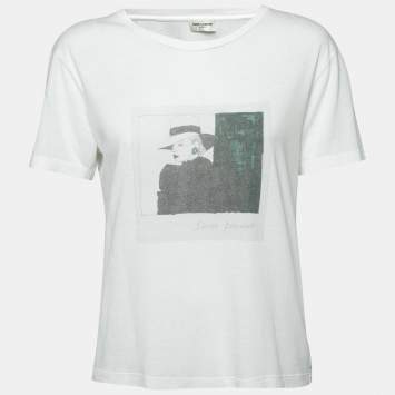 Pre Owned Saint Laurent White Printed Cotton Short Sleeve T-Shirt XS