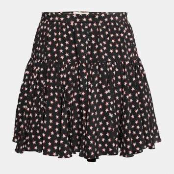 Pre Owned Saint Laurent Black Star Print Silk Ruffled Skirt M