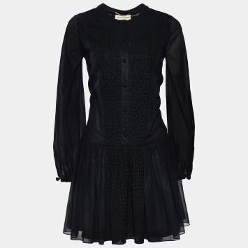 Pre Owned Saint Laurent Black  Cotton Pleat Detail Long Sleeve Dress M