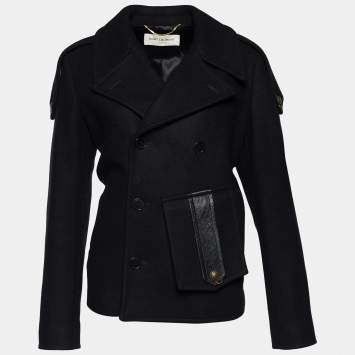 Pre Owned Saint Laurent Black Wool Leather Trimmed Flap Pocket Detailed Jacket M