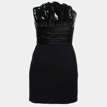 Pre Owned Saint Laurent Black Wool Sequin Embellished Ruffled Buster Mini Dress S 