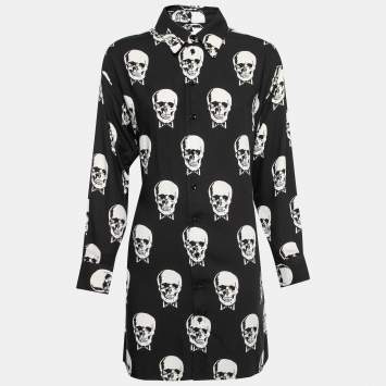 Pre Owned Saint Laurent Black Skull Print Shirt Dress M