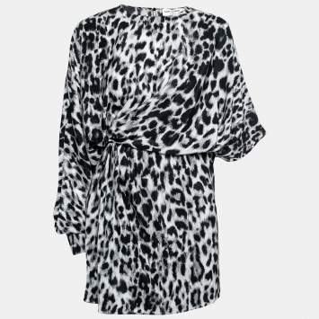 Pre Owned Saint Laurent Grey Leopard Print Silk Asymmetric Mini Dress S