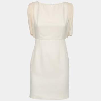 Pre Owned Saint Laurent Cream Crepe Overlay Detail Dress S