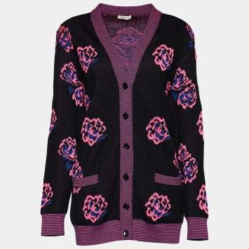 Pre Owned Saint Laurent Black Rose Jacquard Knit Button Front Cardigan M