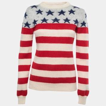 Pre Owned Saint Laurent Paris Red & Blue American Stars Patterned Wool Sweater S