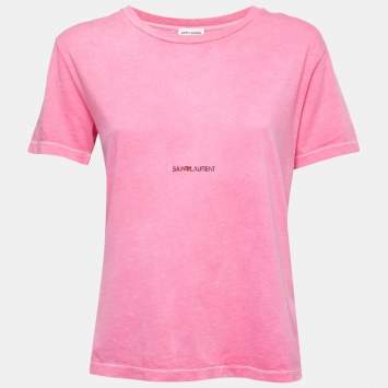 Pre Owned Saint Laurent Paris Pink Logo Print Cotton Crew Neck T-Shirt XS