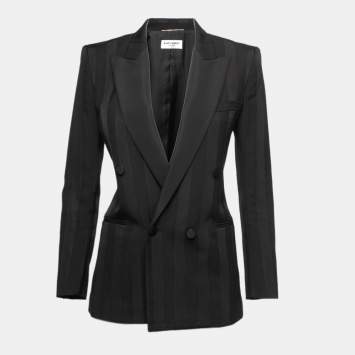 Pre Owned Saint Laurent Paris Black Wool Ribbon Striped Double Breasted Blazer S