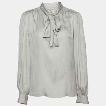 Pre Owned Saint Laurent Rive Gauche Grey Striped Silk Neck Tie Top M