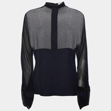 Pre Owned Yves Saint Laurent Rive Gauche Black Chiffon & Crepe High Neck Top M