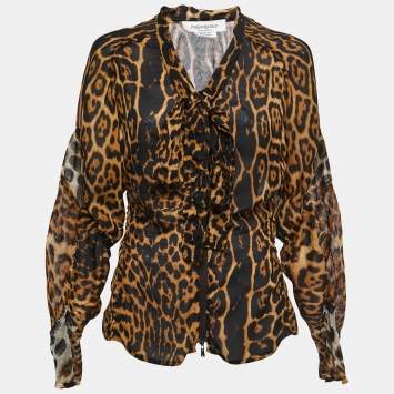 Pre Owned Saint Laurent Black Animal Print Silk Zip Front Neck Tie Detail Full Sleeve Top L