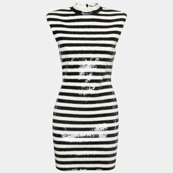 Pre Owned Saint Laurent Black/White Stripe Pattern Sequin Sleeveless Mini Dress M