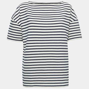Pre Owned Saint Laurent Cream/Navy Blue Striped Cotton T-Shirt L