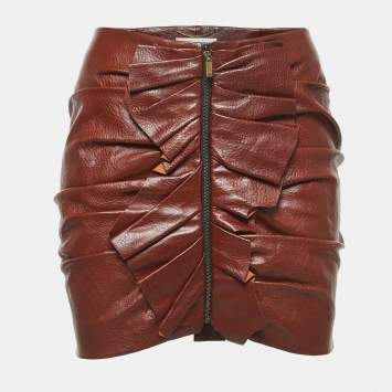 Pre Owned Saint Laurent Brown Ruched Leather Mini Skirt S