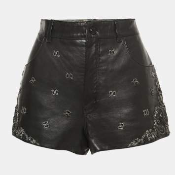 Saint Laurent Black Leather Embroidered Mini Shorts M