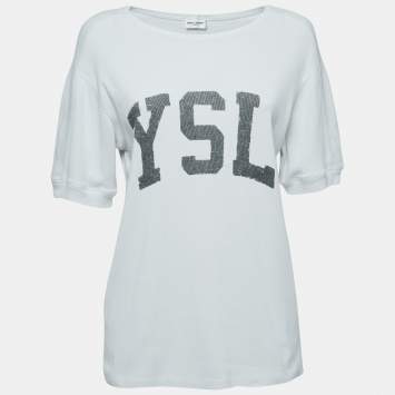 Pre Owned Saint Laurent White Ecru Vintage Logo Print T-Shirt M