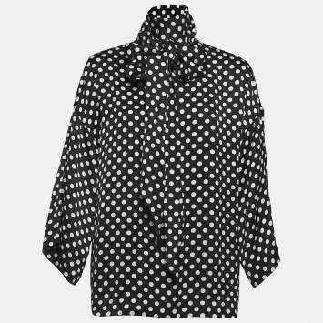 Pre Owned Saint Laurent Paris Black Polka Dot Crepe Tie Neck Blouse S