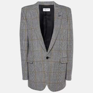 Pre Owned Saint Laurent Craie Noir Ocre Checked Wool Tailored Blazer M