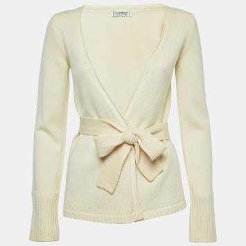Pre Owned Saint Laurent Paris Vintage Cream Wool Knit Open Front Belted Cardigan S