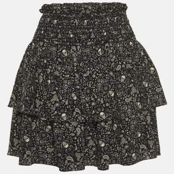 Pre Owned Saint Laurent Black Skull Print Silk Shirred Mini Skirt M