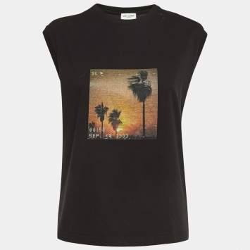 Pre Owned Saint Laurent Black VHS Print Cotton Ripped Sleeveless T-Shirt M