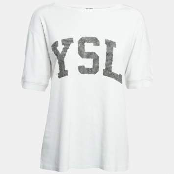 Pre Owned Saint Laurent Paris White Logo Print Cotton Knit Oversized T-Shirt XS