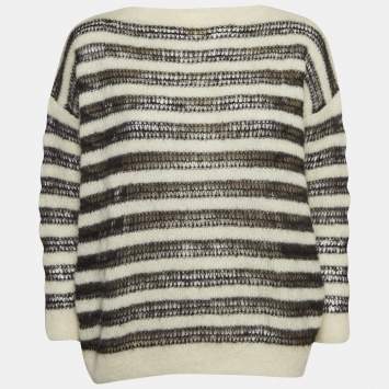 Pre Owned Saint Laurent Paris Cream/Black Striped Mohair Blend Bateau Neckline Jumper S